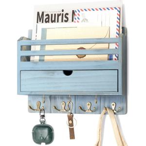 Rebee Vision Rustic Mail Organizer Wall Mounted with Drawer Organizer  Farmhouse Key and Mail Holder for Wall with 7 Key Hooks  Home Essentials for Room Decor Aesthetic (Distressed Blue)