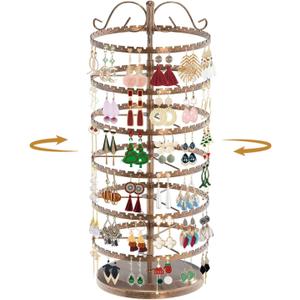6 Tier Rotating Earring Holder Organizer Stand, Adjustable Metal Display Tree Rack for Women, 480 Hole and Groove Large Storage for Pierced Stud Dangle Hoop, Compact for Small Dresser, Bronze