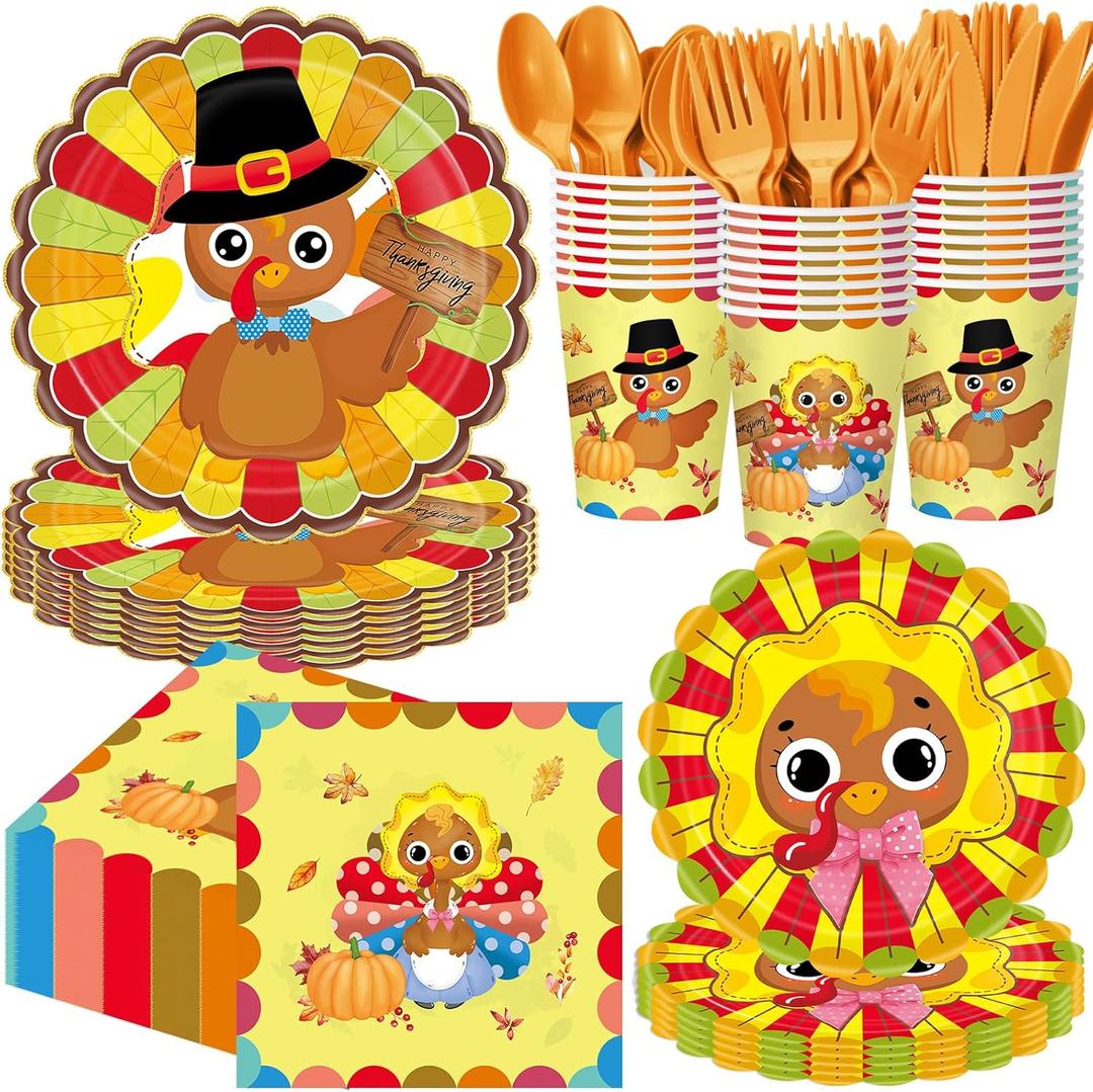 Pickmesh 400 Pcs Turkey Thanksgiving Party Supplies Include Disposable Paper Plates Napkins Cups Cutlery Harvest Dinnerware for Fall Autumn Thanksgiving Party Decorations Serve 50 (Brown Yellow)
