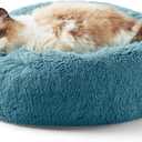 Bedsure Calming Cat Beds for Indoor Cats - Small Cat Bed Washable 20 inches, Anti-Slip Round Fluffy Plush Faux Fur Pet Bed, Fits up to 15 lbs Pets, Washed Blue