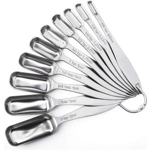 FANGSUN Stainless Steel Narrow Measuring Spoons, Heavy Duty Metal Measuring Spoons with Long Handle and Engraved Measurements Set of 10, For Dry or Liquid, Fits in Spice Jar