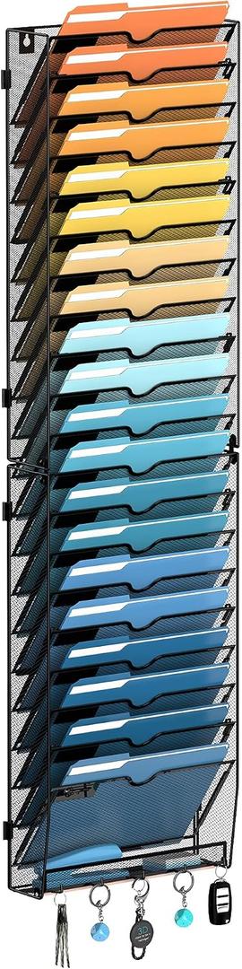SUPEASY 21-Tier Wall File Holder Organizer with Hooks, Mesh Hanging File Organizer, Mail Organizer Wall Mounted for Papers, Folders, Office Magazine Rack, Assembly Needed, Black