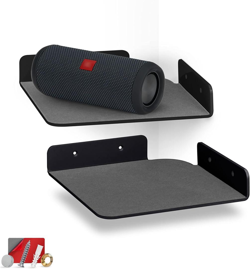 BRAINWAVZ 2-Pack 8 Corner Floating Shelf for Speakers, Books, Decor, Plants, Cameras, Photos, Kitchen, Bathroom, Routers & More Universal Small Holder Acrylic Wall Shelves (Black)