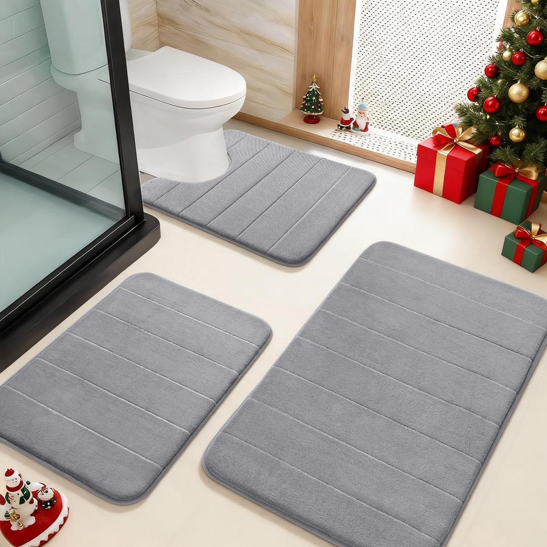 Yimobra Memory Foam Bath Mat Set 3 Pieces- Super Soft Absorbent Quick Dry Bathroom Rug Sets, Machine Washable Non Slip Floor Carpet for Tub Shower, Vanity & Toilet Base, Gray (31.5''x20'' +17''x24'' + 24''x20'', Grey)