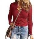 Women's Long Sleeves Snap Button Tunics Waffle Knit Basic Crew Neck Henley Shirts (Large, Burgundy)