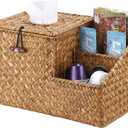 Sumnacon Square Woven Tissue Box Cover - Decorative Cube Tissue Box Holder with Side Organizer, Rustic Seagrass Tissue Box for Living Room Vanity Night Stand Table Countertop Office,Caramel