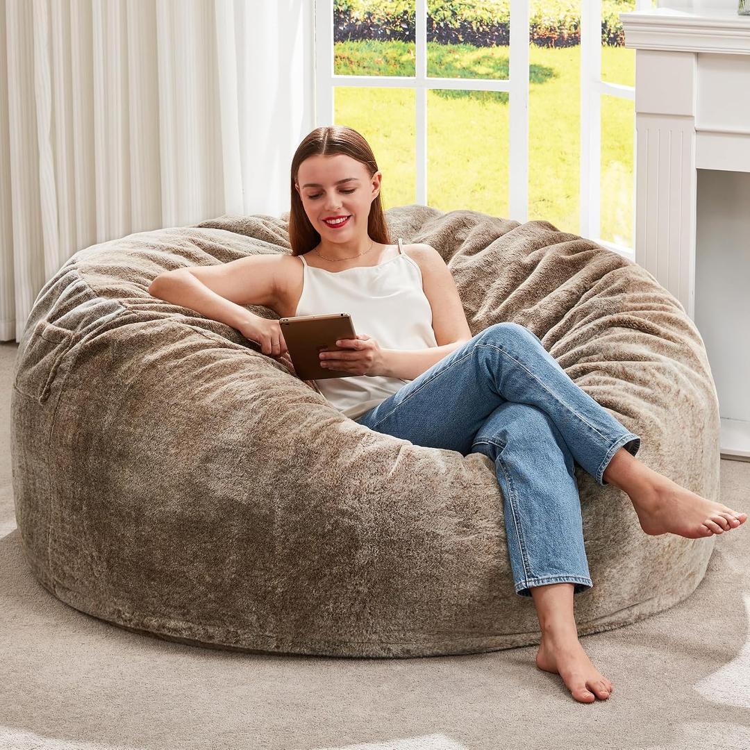 Hobestluk Bean Bag Chairs Giant Beanbag Chair with Filler, Memory Foam Bean Bags with Fluffy & Machine Washable Cover, Bean Bag Chairs for Aduts for Living Room, Bedroom (BROWN, 4FT - 44 x 44 x 24)