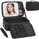 Relavel Makeup Bag with LED Mirror Travel Train Case Large Cosmetic Bags Organizer with Lighted Up Mirror with 3 Color Lights, Adjustable Brightness, Adjustable Dividers and Shoulder Strap (Black) (B-Medium, I black)