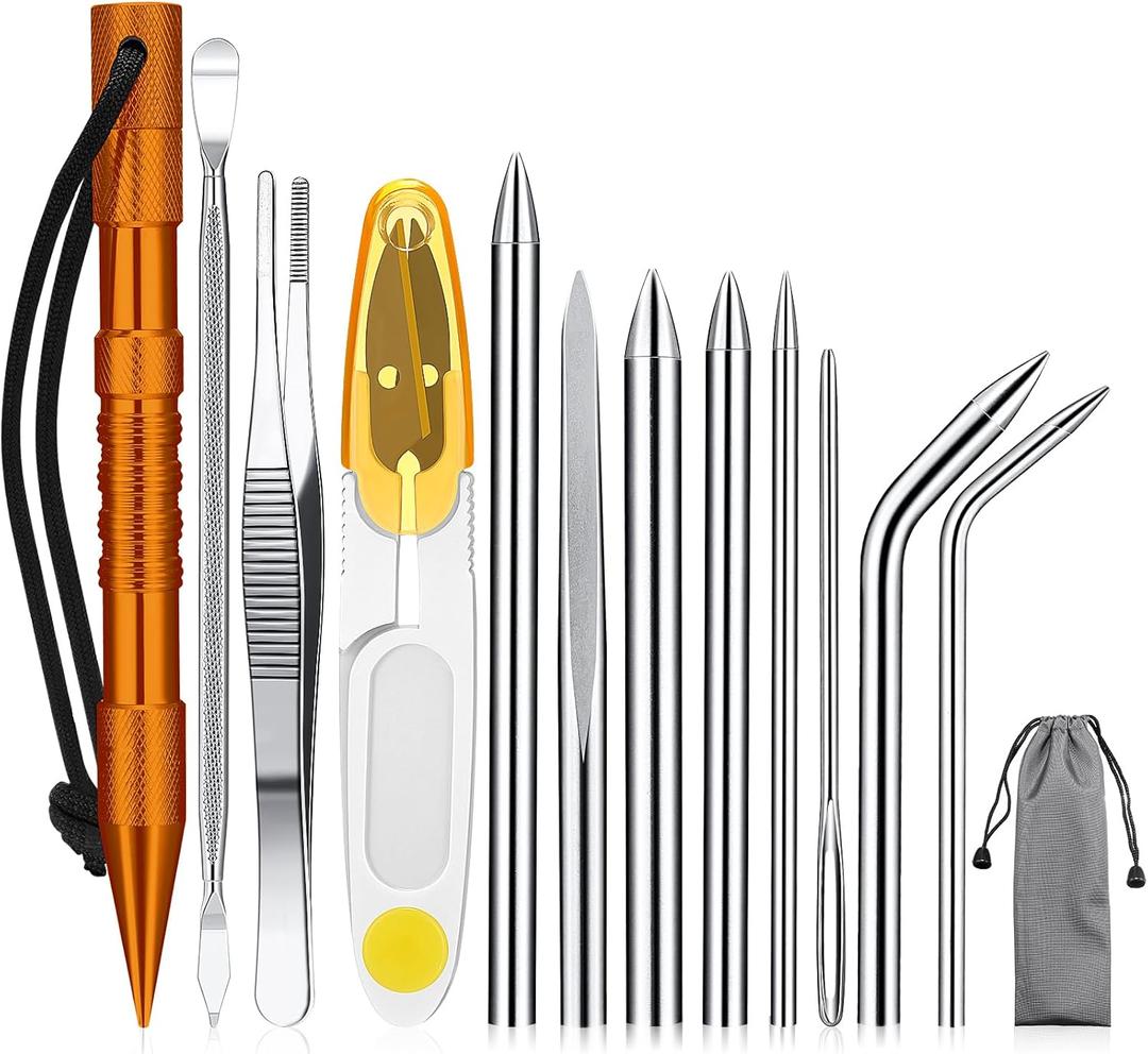 Ferraycle 12 Pcs Paracord FID Set Stainless Steel Knotter Marlinspike Set Paracord Stitching Lacing Stitching Needles and Smoothing Tool for Leather or Paracord Work (Orange)
