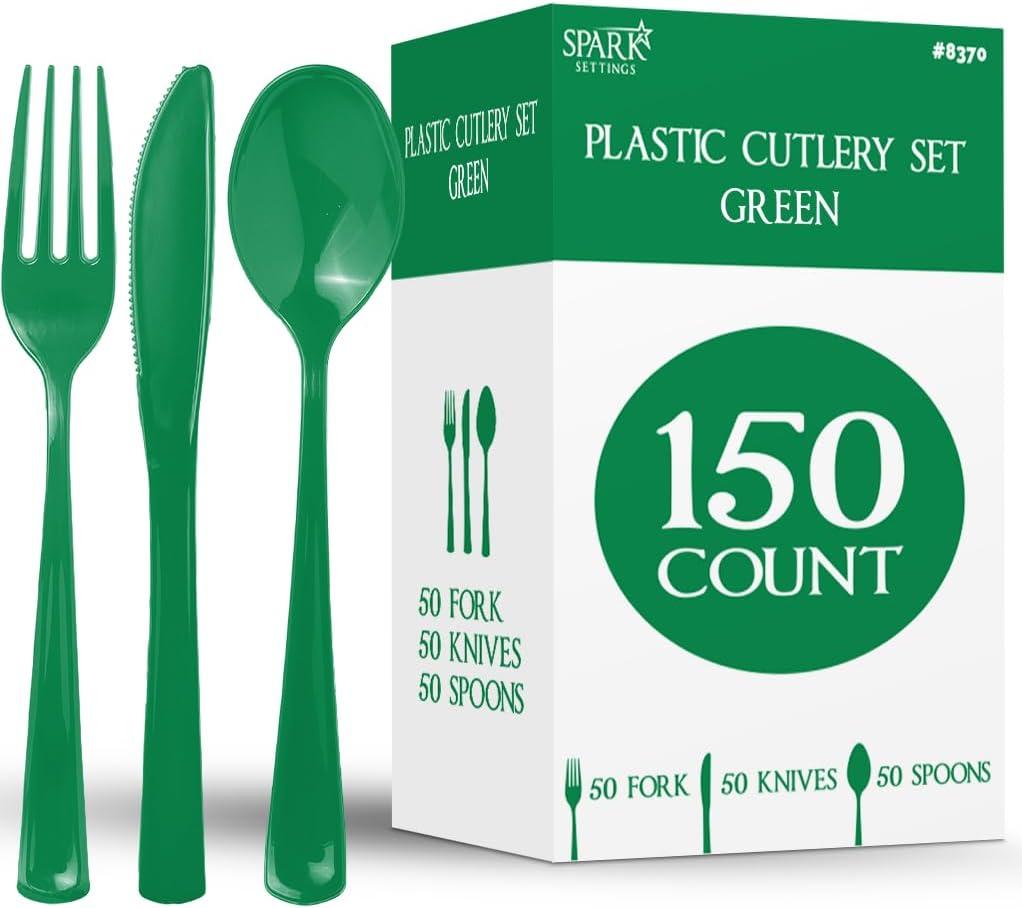 150 Pack Plastic Silverware Heavy Duty, Green Disposable Cutlery, 50 Spoons, 50 Forks, 50 Knives, Plastic Utensils Set for Home Office School Party Picnics Weddings & More - SparkSettings