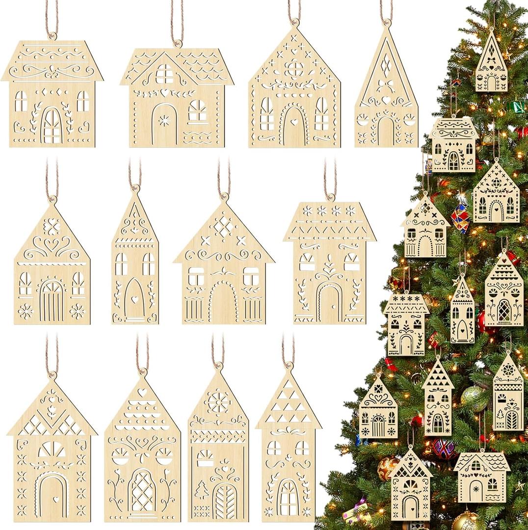 Gerrii 36 Pcs Wooden House Christmas Ornaments Unfinished Laser Hollowing Wood House Sign DIY Wood Christmas Ornament for Crafts Gift Folk Scandinavian Xmas Hanging Decorations