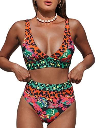 Hilinker Women's Leopard Bikini Swimsuits V Neck High Waisted 2 Piece Bathing Suits, Small