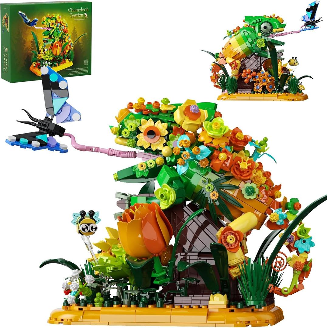 Chameleon Garden Bonsai Building Set, 1092PCS Nature Inspired MOC Flowers & Insects STEM Kit Compatible with Lego Animal, Stunning Desk Decor for Home/Office, Building Blocks for Kids Adults Aged 12+