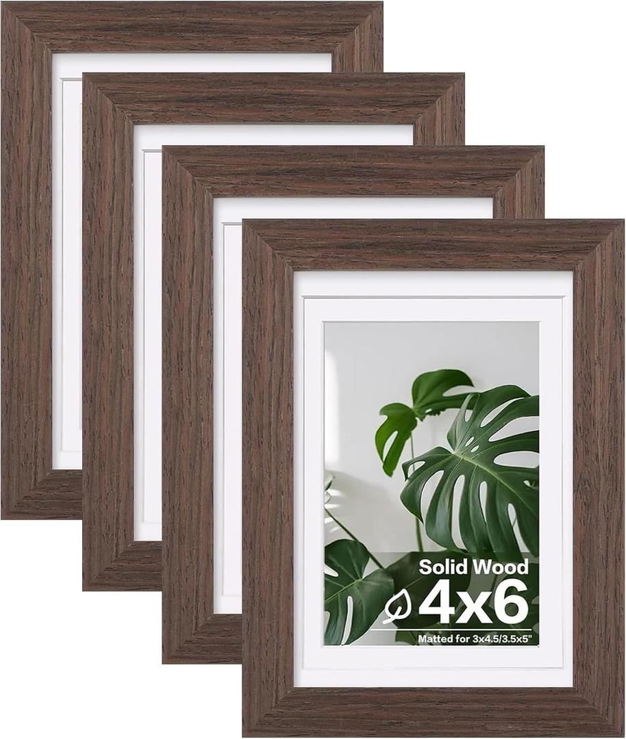 Egofine 4x6 Picture Frames Set of 4, Made of Solid Wood Covered by Plexiglass 3x4.5 and 3.5x5 with Mat or 4x6 without Mat, for Table Top Display and Wall Mounting Photo Frame Brown