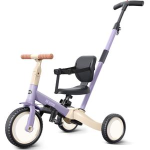 Newyoo Toddler Tricycle with Push Handle for 1-3 Year Old, Toddler Bike, Birthday Toy for Boys and Girls, 5 in 1 Kids Trike, Balance Bike with Backrest and Safety Belt, Purple, TR007