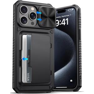 ATATOO for iPhone 15 Pro Max Case Wallet, Built-in Card Holder (3-5 Cards) & Slide Camera Cover, Military Grade Protection, Rugged Silicone Phone Case for iPhone 15 Pro Max 6.7" 2023, Black