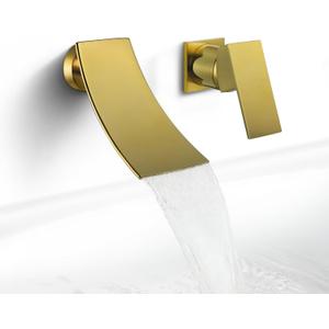 SKOWLL Ti Gold Waterfall Wall Mounted Bathroom Faucet, Single Handle Bathroom Sink Faucet with High Filler Tub Spout, Modern Brass Valve Included