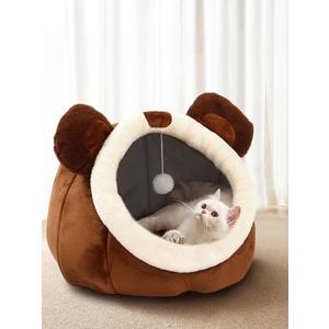 Lcybem Cat Beds for Indoor Cats - Cat Bed Cave with Removable Washable Cushioned Pillow, Soft Plush Premium Cotton No Deformation Pet Bed, Roomy Bear cat House Design, Multiple Sizes-L