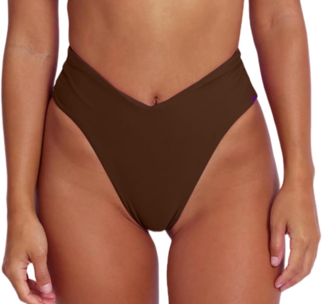 geluboao Women's Bikini Bottom Sexy V Cut High Cut Swimsuit High Waisted Bathing Suit Bottoms (Medium, Brown)