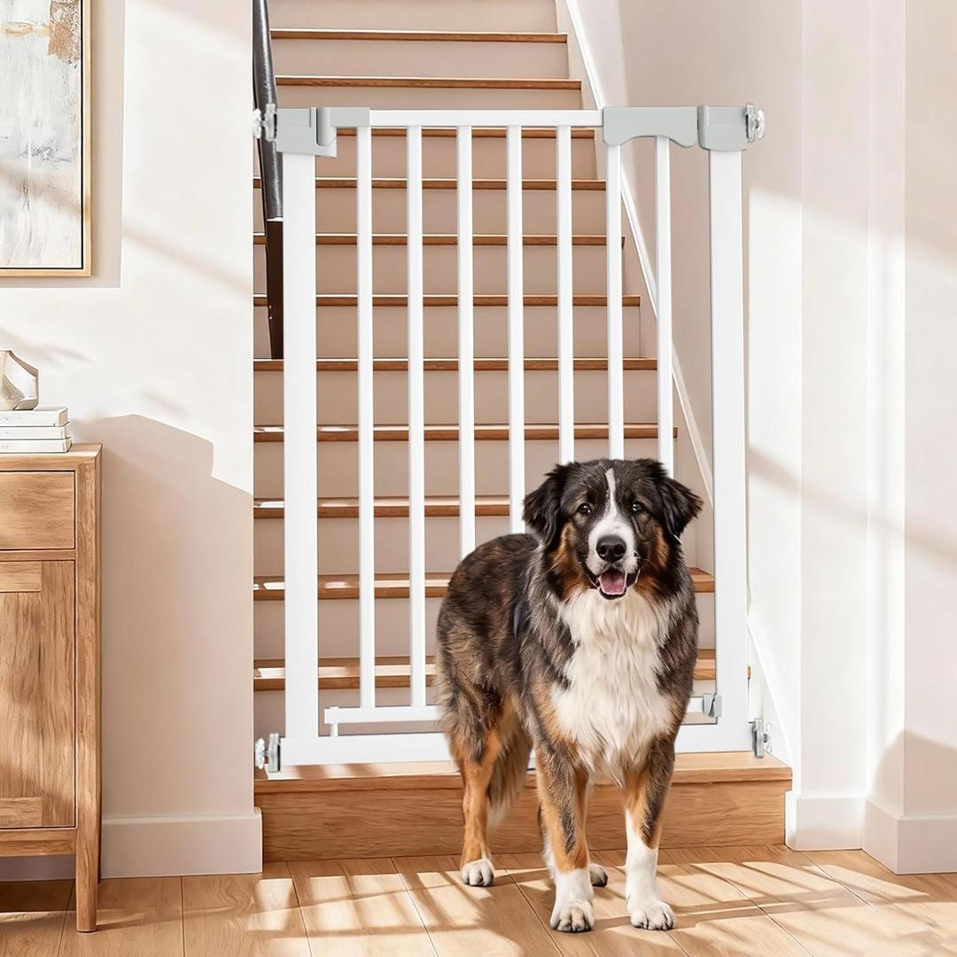 Amibud 41'' Extra Tall Baby Gate for Large Dogs Pets Indoor No Jumping Over, 30-32.6'' Wide Heavy Duty Puppy Gate for Doorways, Pressure Mounted Metal Gate for Child Toddler No Tools Needed(White)