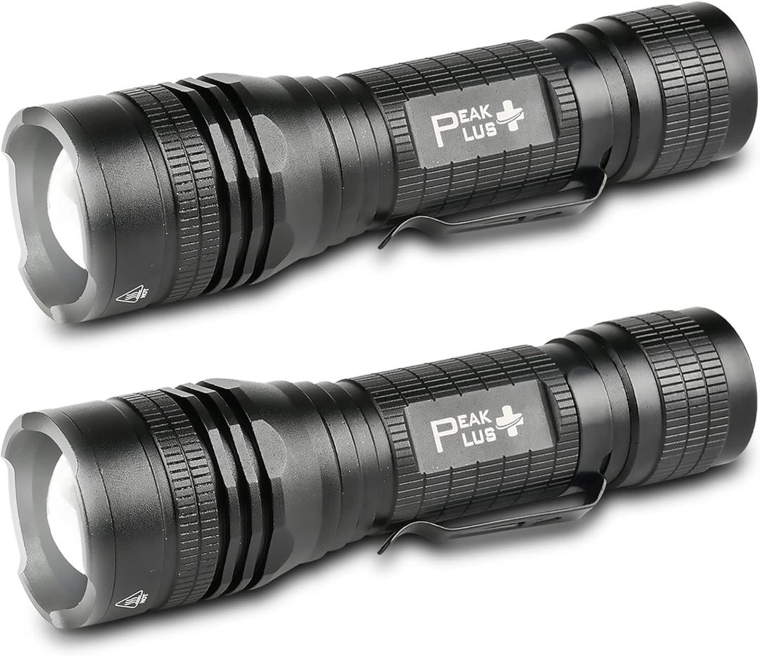 PeakPlus LED Tactical Flashlight PTAC1000 [2 Pack] - Single Mode, High Lumen, Zoomable, Water Resistant, Flash Light - Camping, Outdoor, Emergency, Everyday Flashlights with Clip
