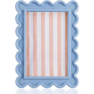 4x6 Inches Haze Blue Flower Wavy Picture Frame Cute Wavy Edge Wooden Real Glass Photo Frame for Desktop Display Home Decor Family Friends Wedding Graduation Gifts