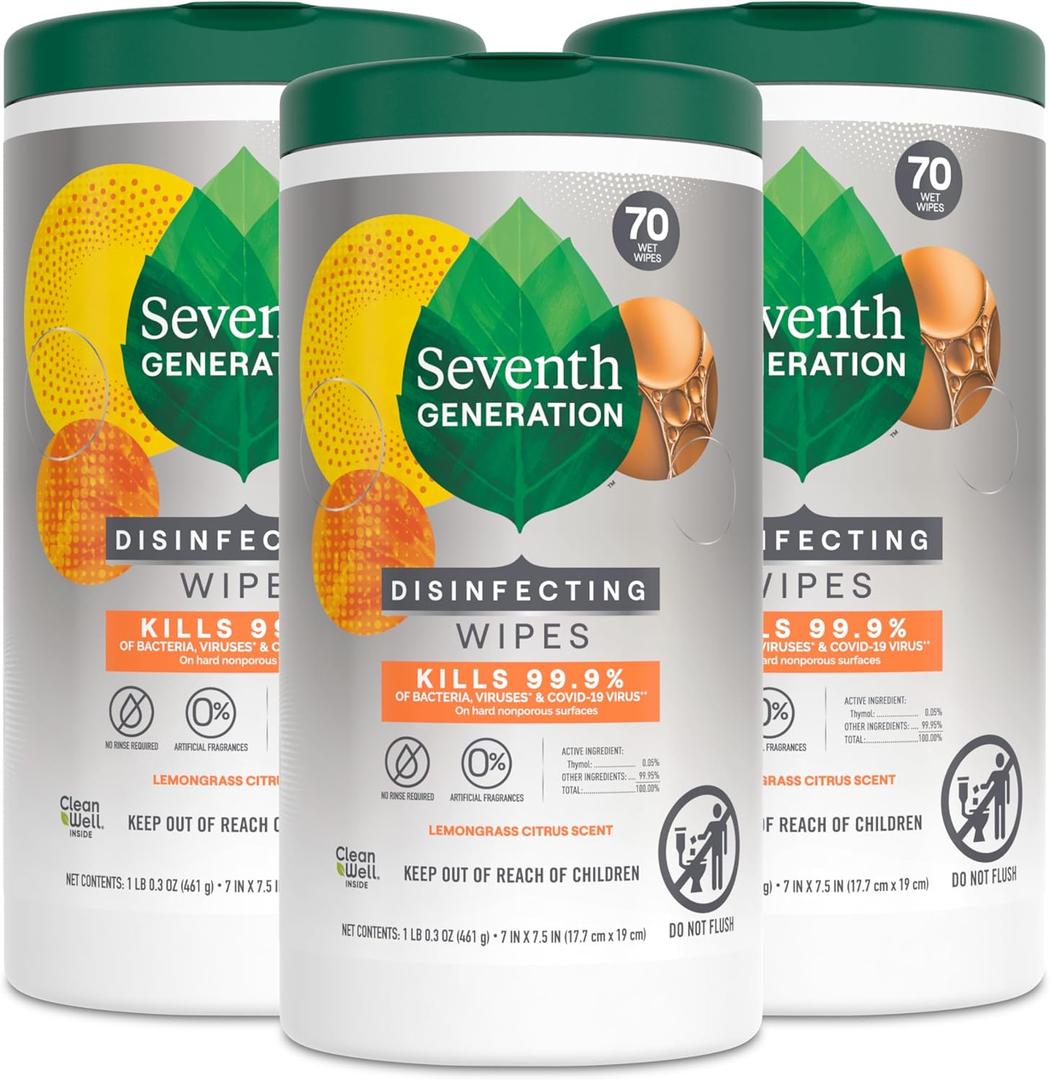 Seventh Generation Disinfecting Multi-Surface Wipes, Lemongrass Citrus, 70 Count, Pack of 3