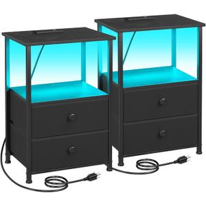 LOAKEKEL Night Stand Set 2, LED Nightstand with Charging Station, End Tables with Storage Shelf, Bed Side Table with 2 Fabric Drawers for Bedroom, Small Spaces, Black, HETS02BK