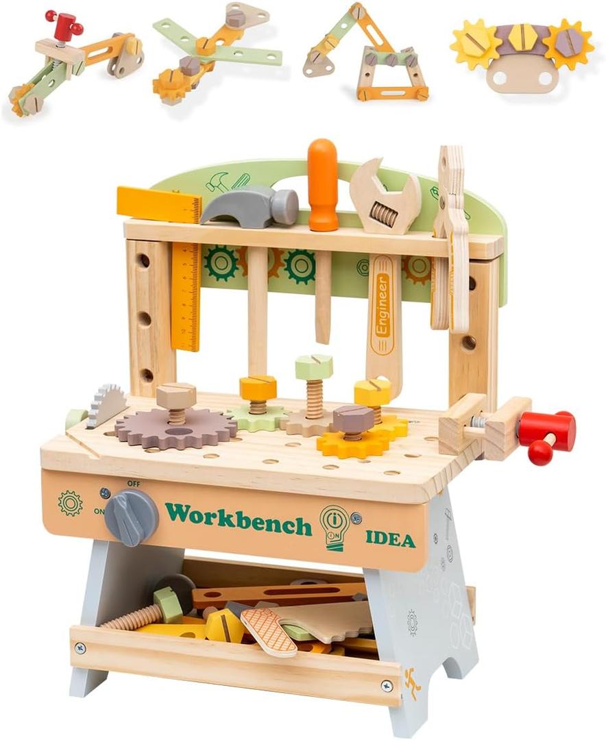 Kids Tool Bench, Toddler Tool Bench Pretend Play Toys, Wooden Workbench Tool Set for Kids Ages 3-5, Educational Gift Construction Toy for Boys Girls