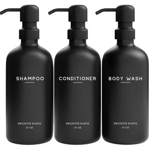 Black Shampoo and Conditioner Dispenser Set by Brighter Barns - Refillable Plastic Shower Soap Dispensers for Bathroom - Body Wash & Shampoo Bottles - Modern Bathroom Decor for Hotel, Airbnb (Black)