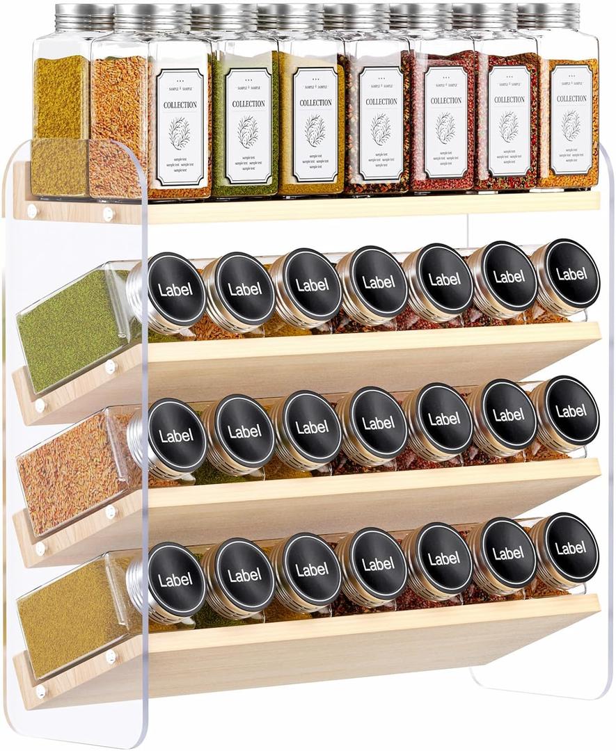 MUDEELA Clear Spice Rack Organizer for Cabinet, 4 Tiered Vertical Spice Shelf, Wooden Seasoning Organizer for Countertop, Kitchen, Pantry, Freestanding, 13.3" W  11.2" H (No Jars Included)