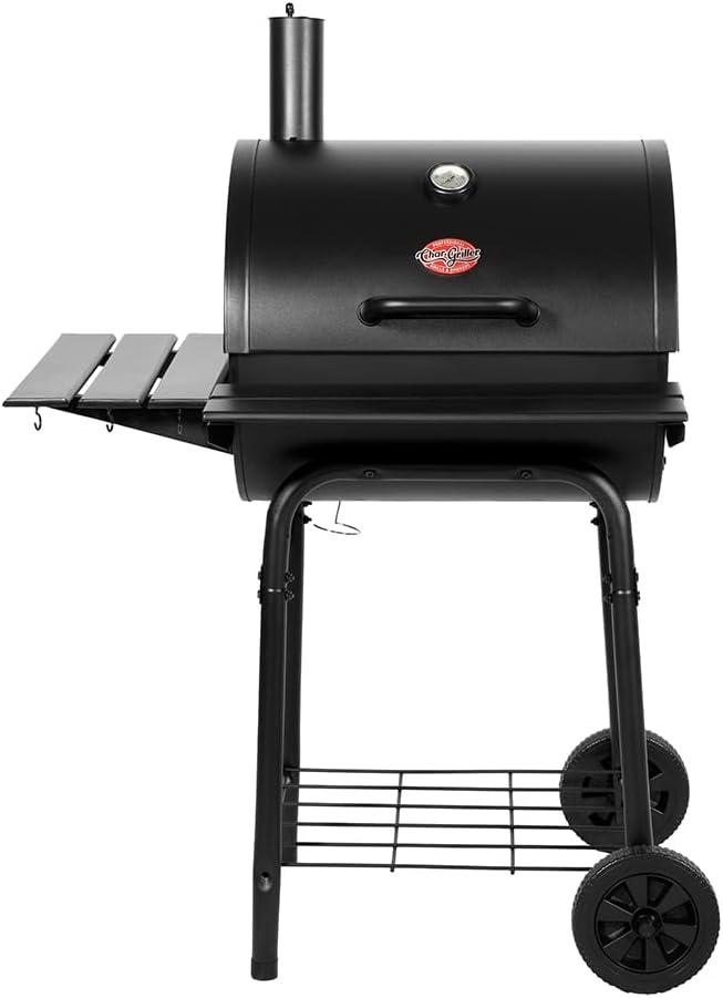Char-Griller Wrangler Charcoal Grill in Black with Metal Shelves, EasyDump Ash Pan, Premium Wood Front and Side Shelves with Utensil Hooks, 640 Cooking Square Inches in Black, Model 2823