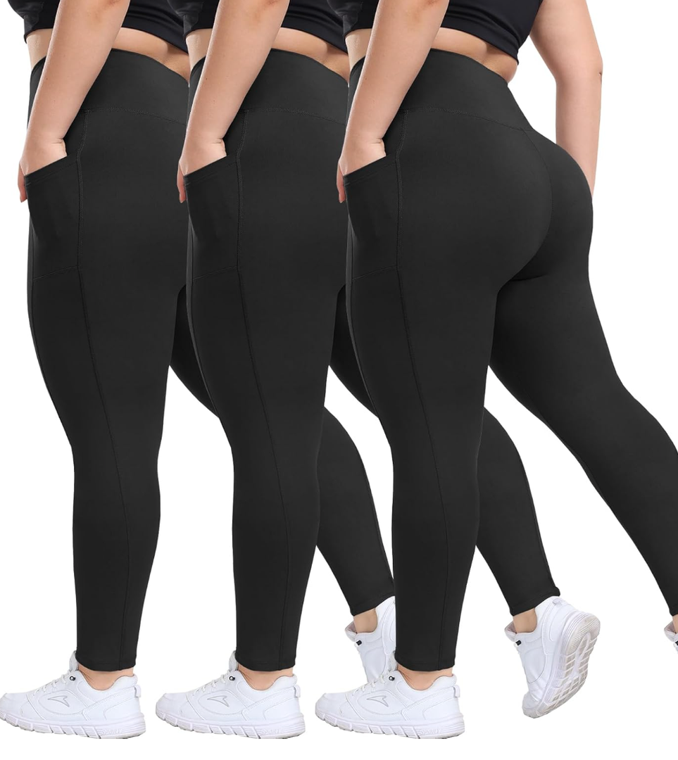 HLTPRO 3 Pack Plus Size Leggings with Pockets for Women - Black High Waisted Tummy Control Soft Yoga Pants for Gym Workout