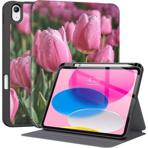 Supveco Case for iPad (A16) 11th Generation 11 inch (2025),iPad 10th Generation 10.9 inch (2022) with Pencil Holder-[Auto Wake/Sleep], Premium Folio Stand Case with Soft TPU Back Cover-Tulip