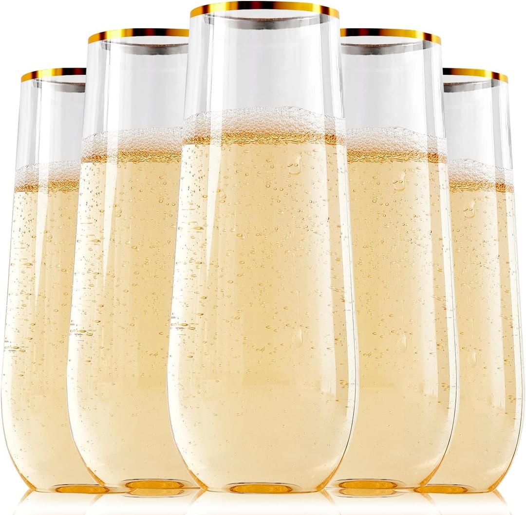 FOCUSLINE 24 Pack 9 Oz Plastic Stemless Gold Rim Champagne Flutes, Heavy Duty, Shatterproof, Disposable & Reusable Crystal Clear Toasting Glasses
