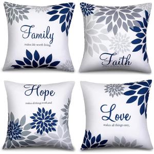 Tatuo 4 Pcs Flower Pillow Covers Square Summer Pillow Cushion Cases 18 x 18 Inch Family Faith Hope Love Words Decorative Spring Winter Cushion Case for Bed Couch Sofa Living Room(Gray Series)