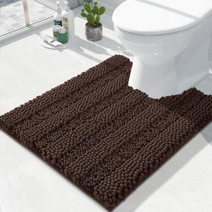 U Shaped Toilet Bath Rug, Luxury Chenille Contour Mat for Bathroom, Soft Comfortable Shaggy Commode Rug, Water Absorption, Non-Slip, Extra Thick, Machine Wash, 20 x 20 Inch, Brown