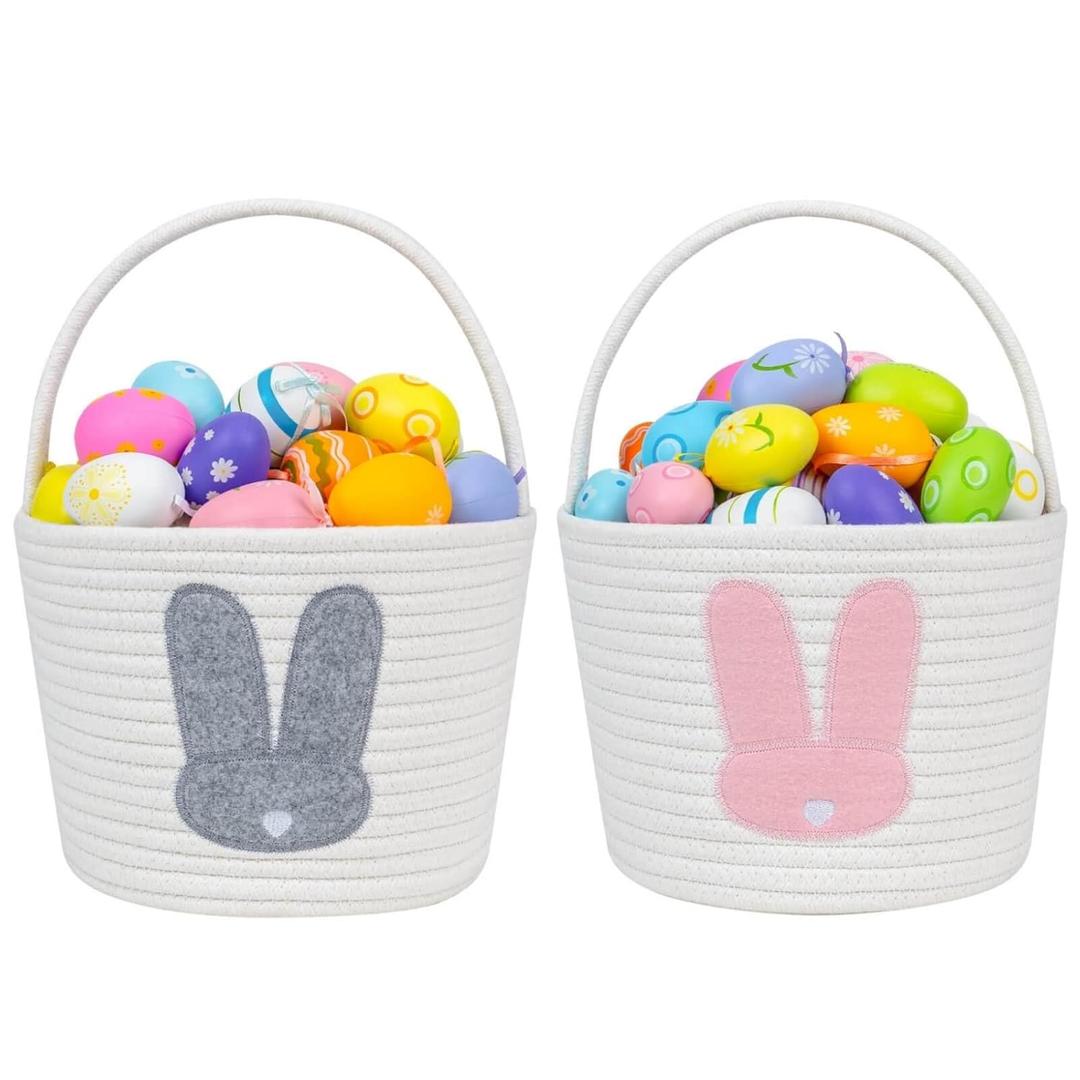 CubesLand Easter Bunny Basket Set for Kids, Babies, 2-Piece Easter Egg Hunt Baskets for Girls, Boys, Soft & Durable Cotton Rope Empty Gift Basket, Festive Decor & Gift Ideas, Large