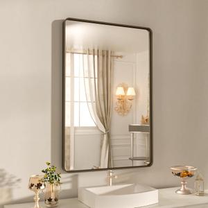 WEER 28x36 Inch Bronze Bathroom Mirror for Vanity, Brushed Bronze Metal Frame Mirror for Wall, Rounded Rectangle Bronze Frame Mirror with Tempered Glass, Anti-Rust (Horizontal/Vertical) (28"L x 36"W)