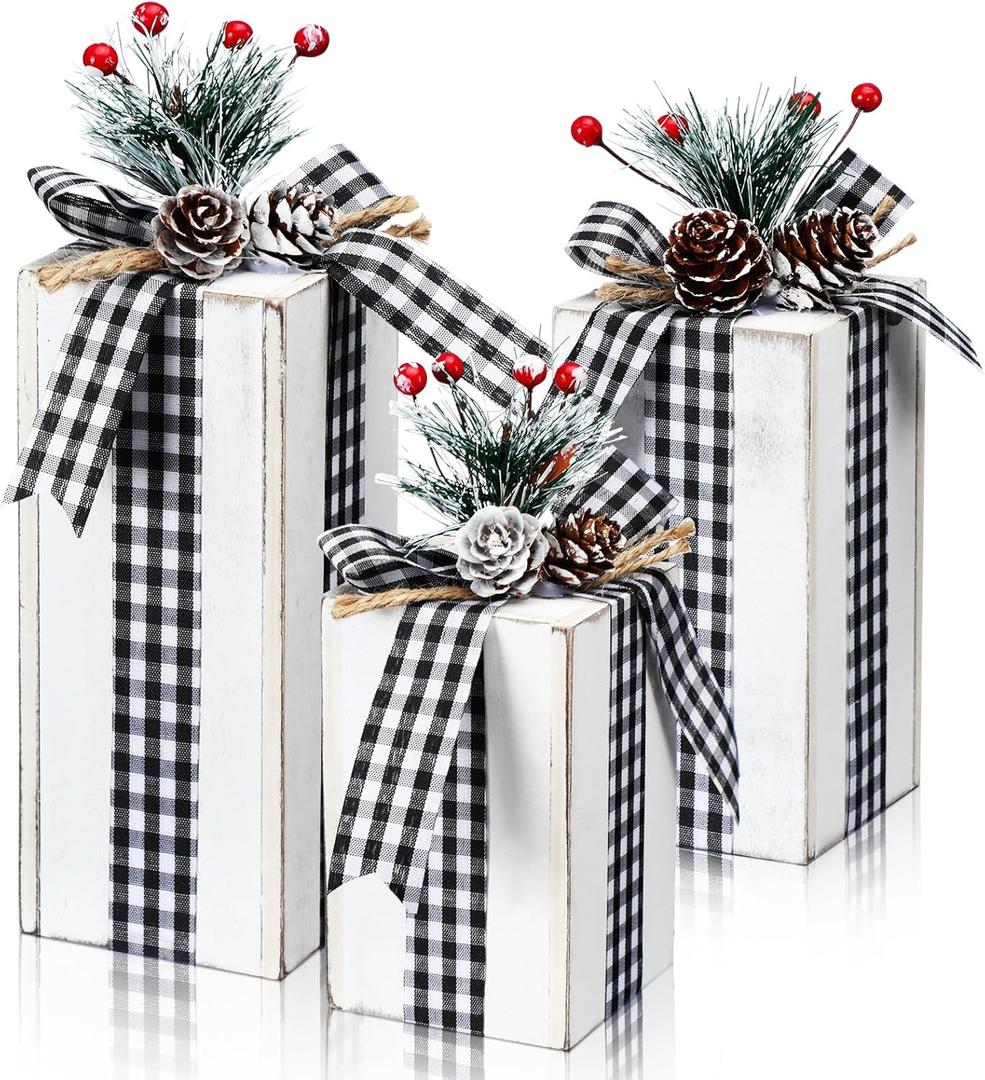 Amyhill 3 Pcs Christmas Wooden Gifts Box Decor Christmas Plaid Presents Table Centerpieces Rustic Wooden Gifts Tiered Tray Decor with Buffalo Plaid Bowknot for Xmas Party (White,Fashion)