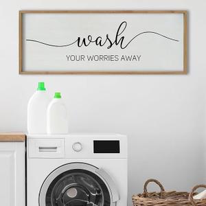 SRSZHIYUE Laundry Room Wall Decor Wash Your Worries Away Bathroom Humorous Sign 40"x15" Toilet Large Modern Farmhouse Simple Plaque Funny Restroom Wood Framed Art Hanging (Wood)