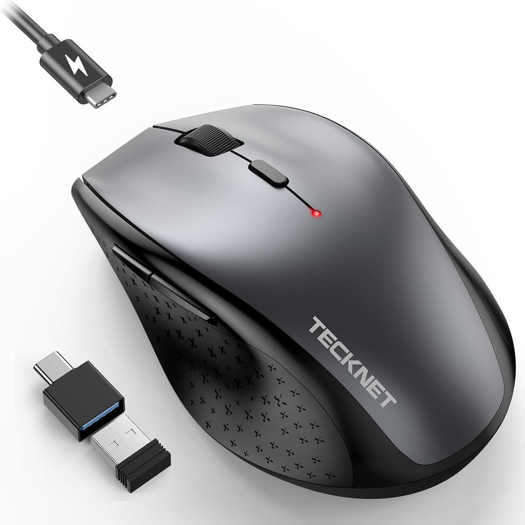 TECKNET Wireless Mouse Jiggler, Silent Click Rechargeable Mouse, Plug & Play with USB-C Adapter, 6400 DPI Ergonomic Mouse, Build-in Mouse Mover, 2.4G Computer Mice for Mac, Laptop, Desktop, PC (Grey)