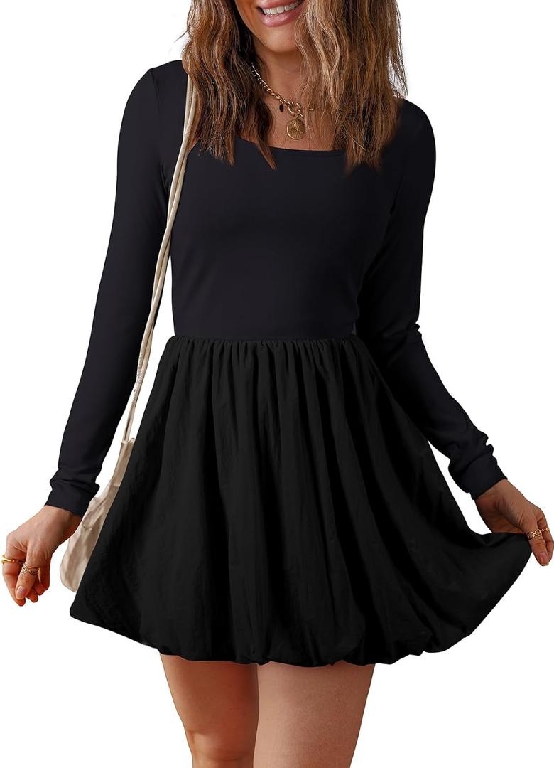 BLENCOT Dresses for Women Fall Long Sleeve Square Neck Bubble Party A Line Mini Dresses (Medium)