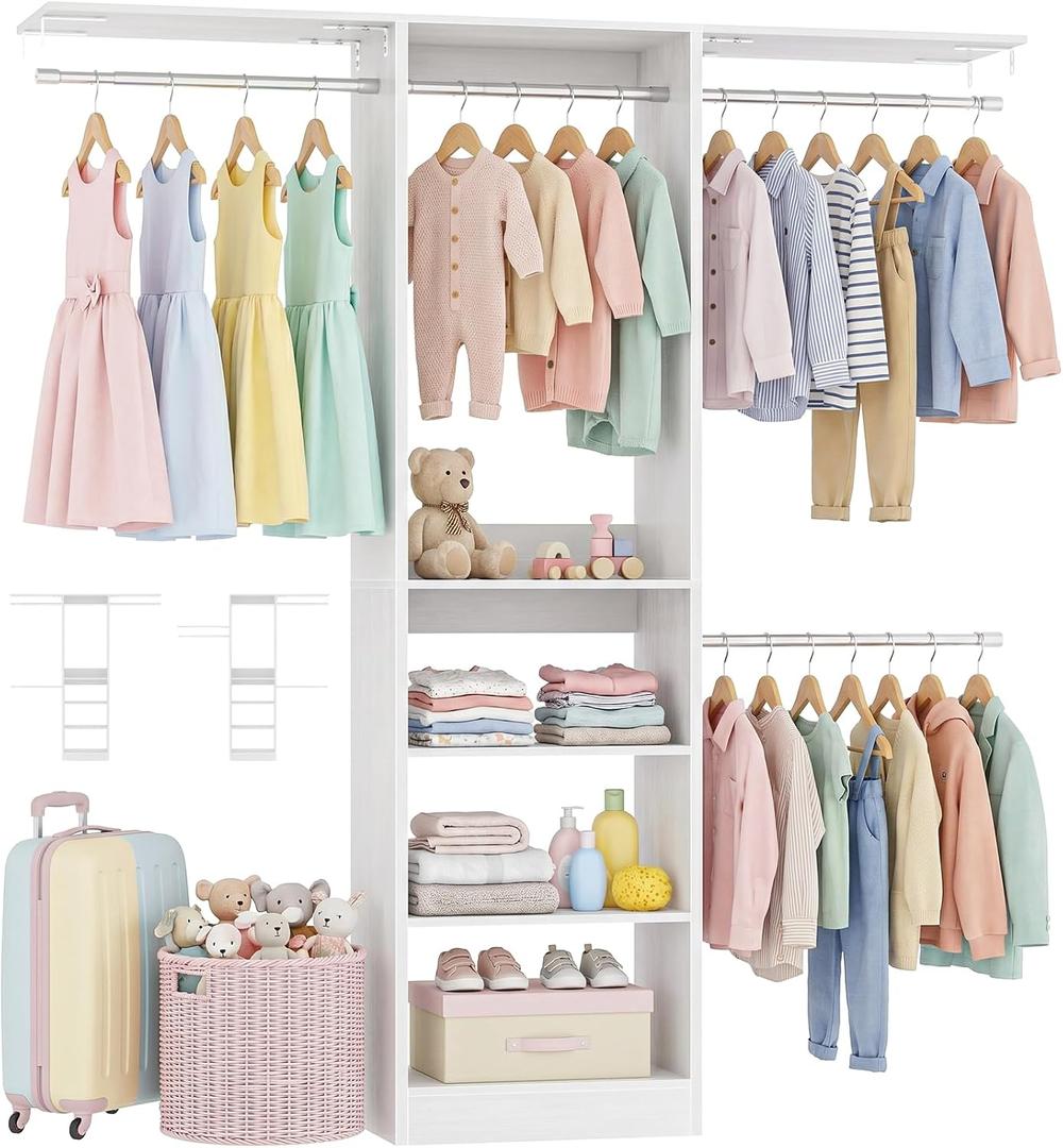 iSunirm 48" Small Closet System, Space-Saving Wall-Mounted Wardrobe Organizer, Mini Garment Rack for Narrow Spaces, Morning Outfit Prep Station & Nursery Dress-up Storage, White