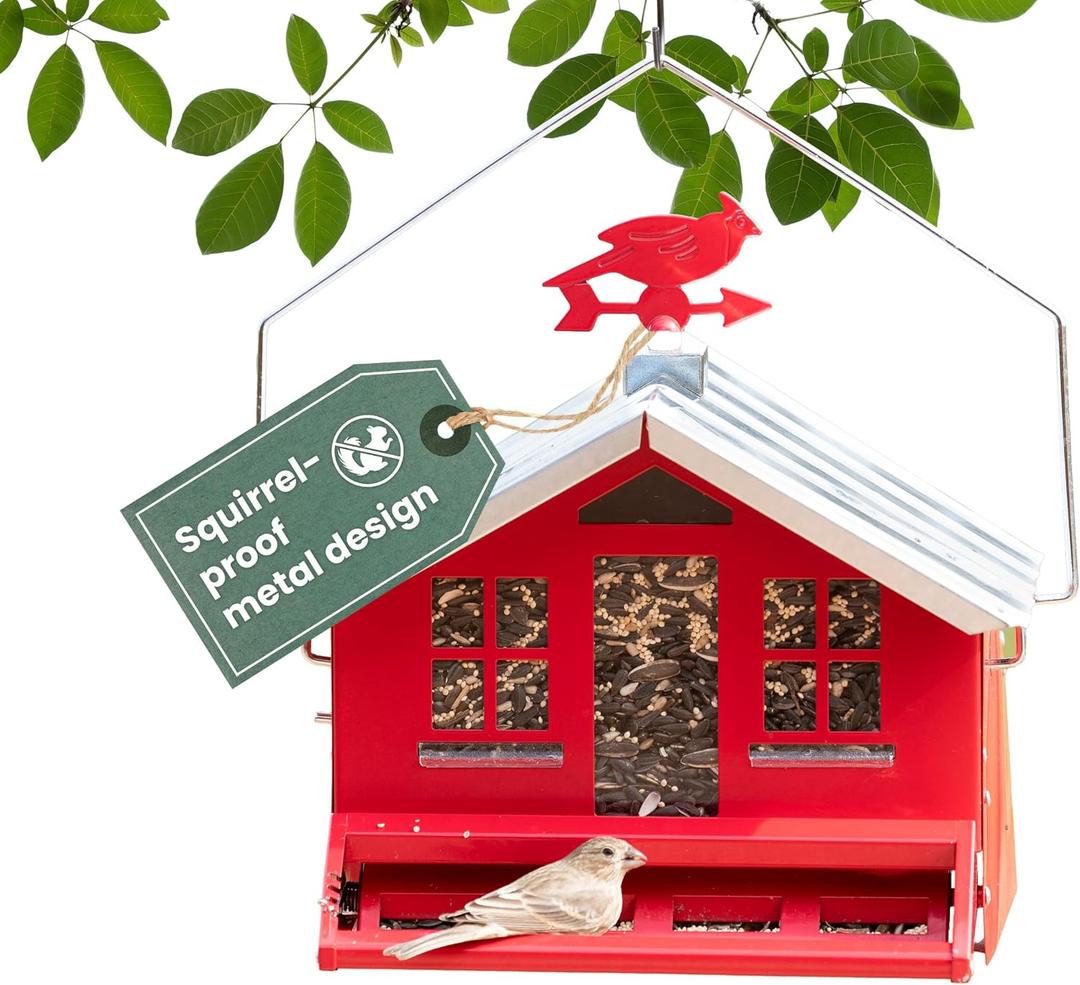 Perky-Pet Squirrel-Be-Gone II Country House Bird Feeder with Weathervane - 8 lb Seed Capacity - Squirrel Proof Wild Bird Feeder for Outdoors - Durable Construction - Rustic Outdoor Decor - 338, Red