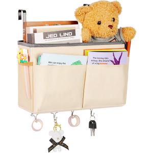 Bedside Storage Organizer 5 Pockets with 4 Hooks Hanging Storage Bag for Headboards/Bunk Bed (Beige)