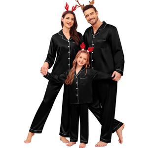 SWOMOG Family Matching Pajamas Set Satin Long Sleeve Button Down 2 PCS Pjs Pajama Top & Pants Holiday Sleepwear Set (Men Black XX-Large)