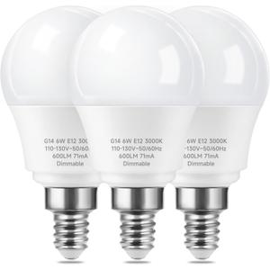 E12 Ceiling Fan Light Bulbs Dimmable, 60w Equivalent LED Bulb, Warm White 3000K, E12 Small Base Candelabra A15 LED Round Light Bulb, 600 Lumen, Pack of 3
