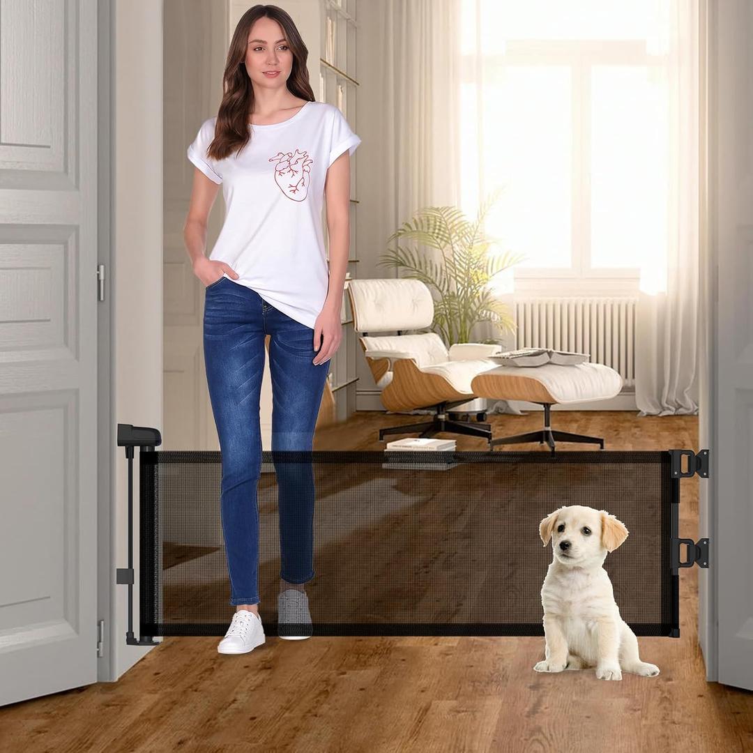 14" H Short Dog Gate Pet Gates Puppy Gate 59" Wide Step Over Pet Fence, Mesh Retractable Indoor Outdoor Expands Up to 59 Inches Small Dog Gates for Doorways Stairs (Black)