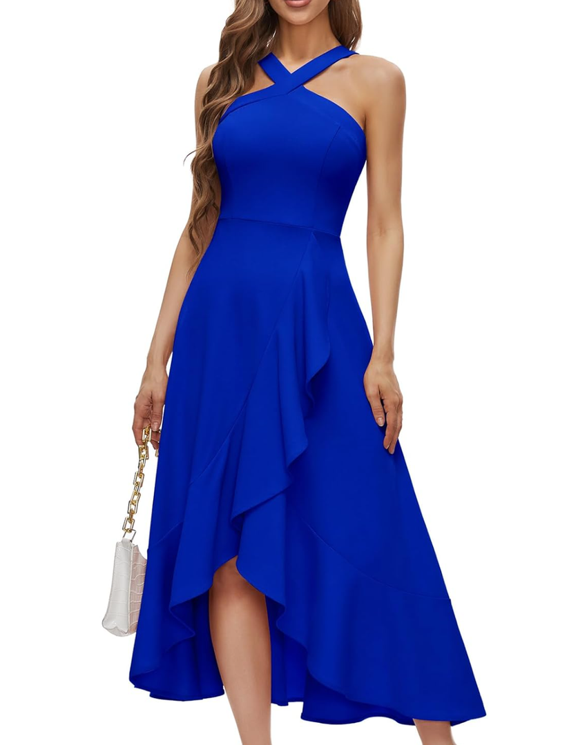 Bbonlinedress Halter Cocktail Women Dresses Prom Formal Wedding Bridesmaid Dress Ruffled Maxi Hi-Lo Evening Party 2025 Dress XL